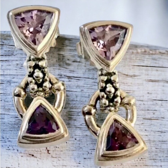 Sterling Silver & Amethyst Vintage Earrings Post Drop Dangle Triangle Shape - Picture 5 of 11